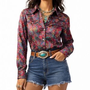 Wrangler Vintage Style Western Pearl Snap Shirt Paisley 70s style Rodeo Cowgirl